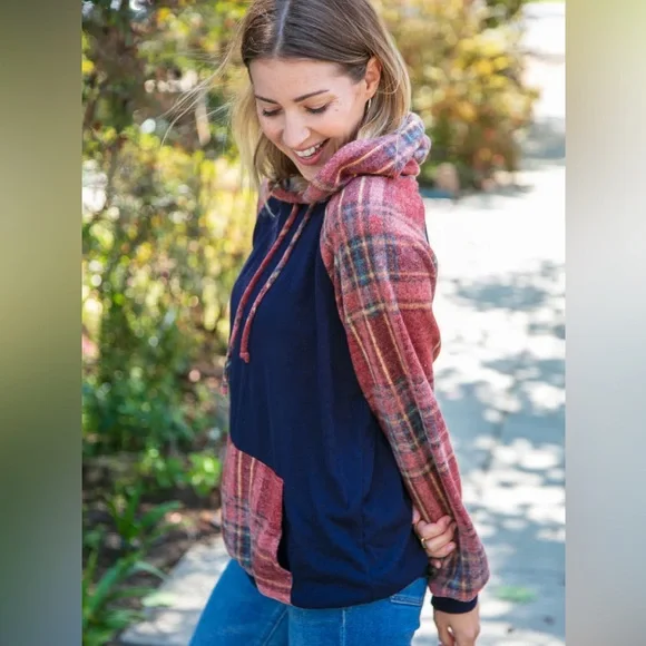 Navy Blue Cashmere Feel Fall Plaid Hooded Top, Size small - Picture 3 of 8
